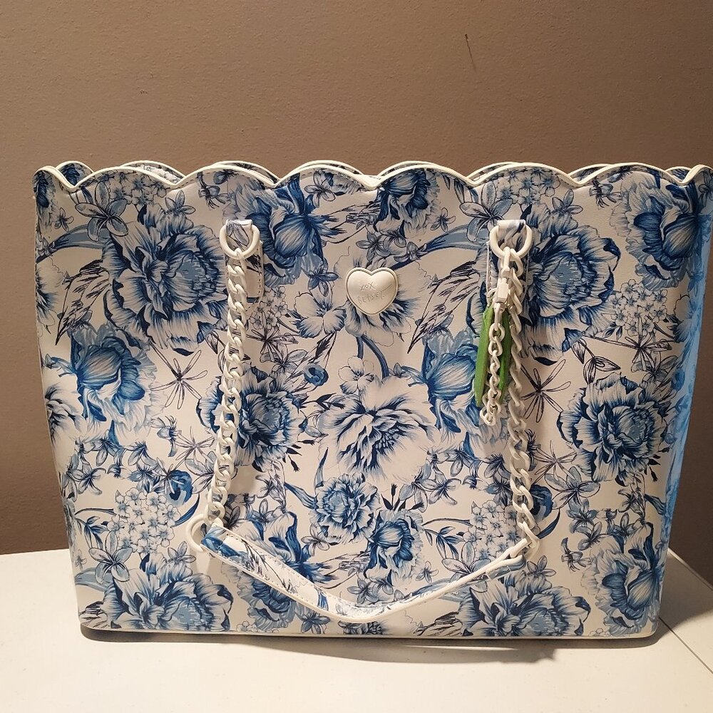 Betsey Johnson White and Blue Floral Scalloped Tote